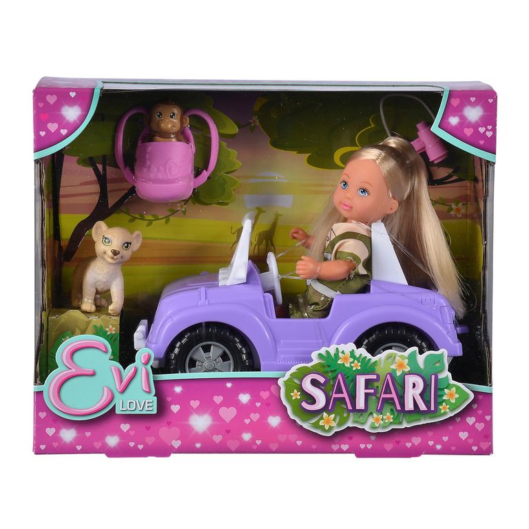Muñeca Evi Love Safari con Vehículo y 2 Bebés Animales