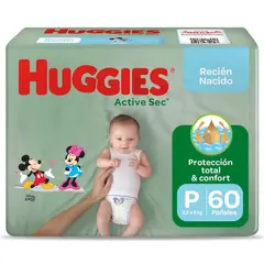 HUGGIES - Pañales Active Sec Primeros 100 Días Talla P Empaque 60 Und