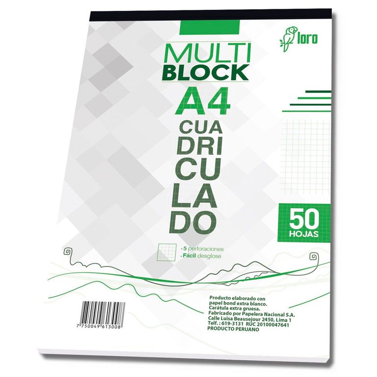 Block Cuadriculado Loro A4 50 Hojas
