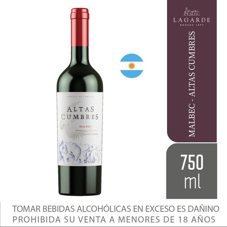 Vino Tinto Altas Cumbres Malbec Botella 750 mL