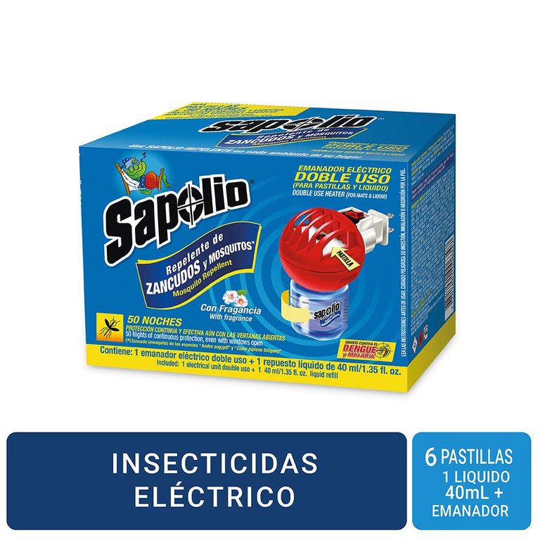 Insecticida Eléctrico Sapolio Doble Uso + 6 Pastillas + Líquido 40 mL