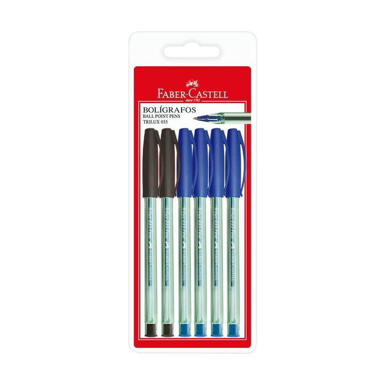 Lapiceros Faber Castell Trilux 035F 4 Azul + 2 Negro Empaque 6 Und