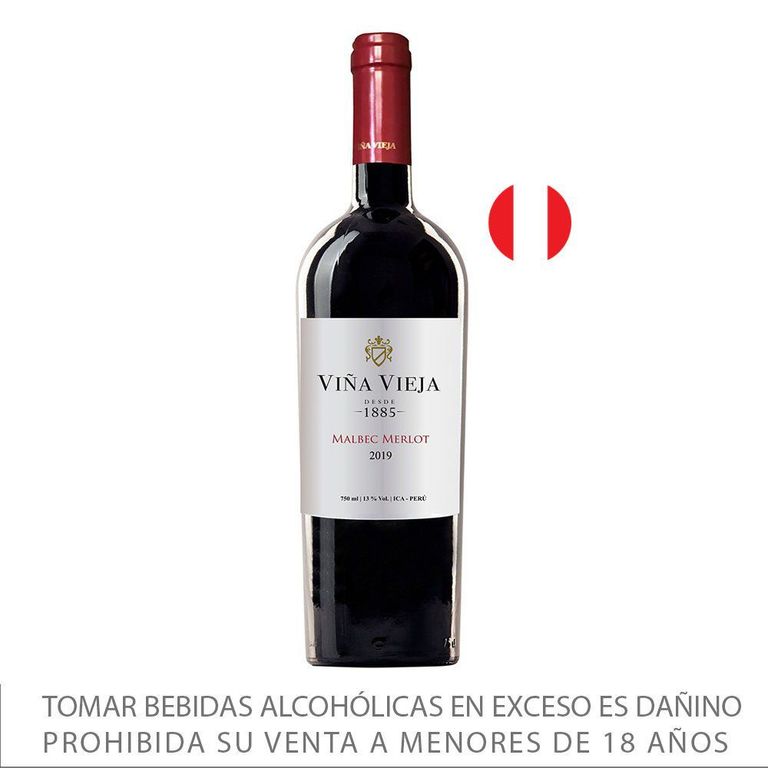 Vino Tinto Viña Vieja Malbec Melot Seco Botella 750 mL