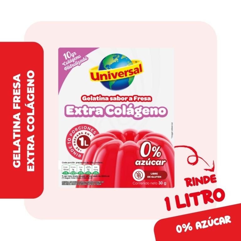 Gelatina Universal Extra Colágeno Sabor Fresa Empaque 30 g