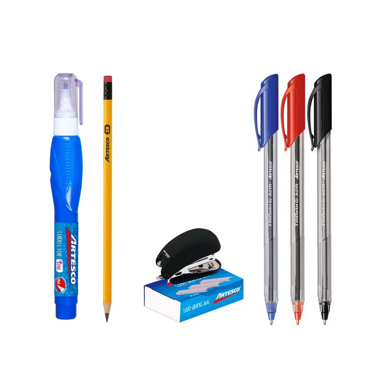 Set Oficina Artesco 3 Lapiceros + 2 Lápices + Corrector + Mini Engrapador + Corrector