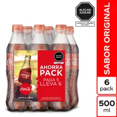 COCA COLA - Gaseosa Pack 6 Unidades 500 mL