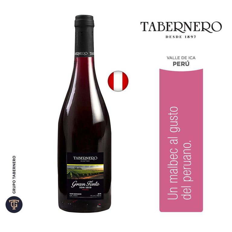 Vino Tabernero Gran Tinto Semi Seco Botella 750 mL