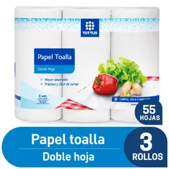 TOTTUS - Papel Toalla Doble Hoja Pack 3 Rollos 55 Hojas