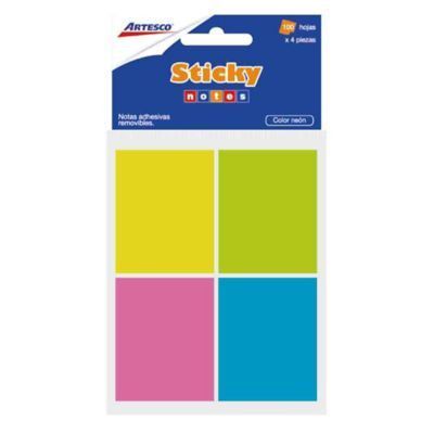 Notas Adhesivas Artesco 4 Tacos 1.5 x 2 Neón Empaque 100 Hojas