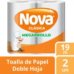 NOVA - Papel Toalla Mega Rollo Doble Hoja Clásica 19m Empaque 2 Rollos