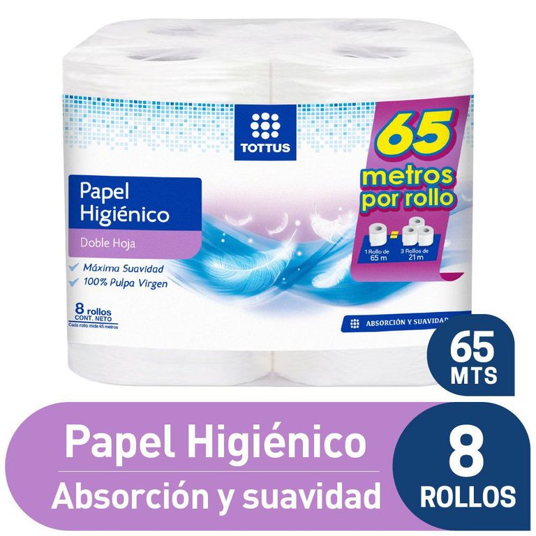 Papel Higiénico Tottus Doble Hoja Empaque 8 Und