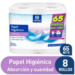 TOTTUS - Papel Higiénico Doble Hoja Pack 8 Rollos 65m