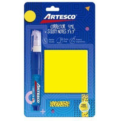 Corrector Artesco + Notas Adhesivas Amarillo Neón 3 x 3