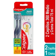 COLGATE - Pack 2 Cepillos 360 Medio + 1 Crema Total 75 mL