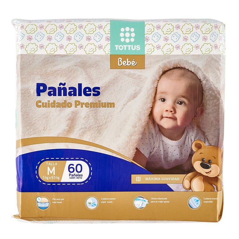 Pañales Cuidado Premium Tottus Talla M Empaque 60 Und