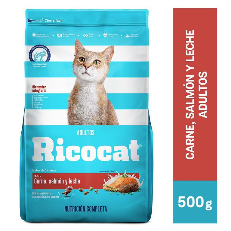 Alimento Seco Gatos Adultos Ricocat Carne Salmón Leche Bolsa 500 g