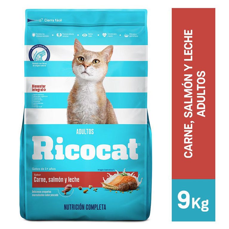 Alimento Seco Gatos Adultos Ricocat Carne Salmón Leche Bolsa 9 Kg