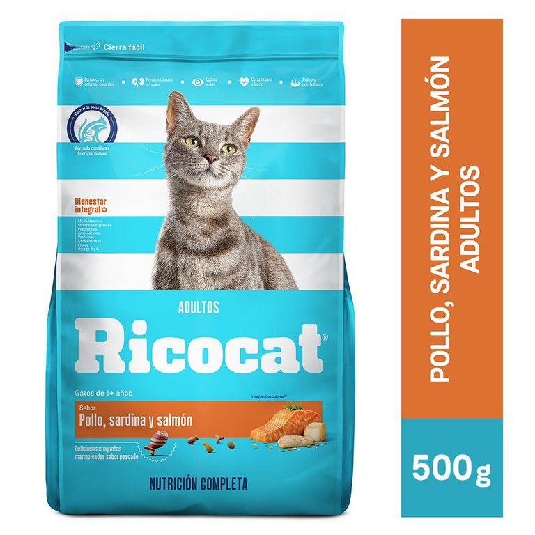 Alimento Seco Gatos Adultos Ricocat Pollo Sardina Salmón Bolsa 500 g