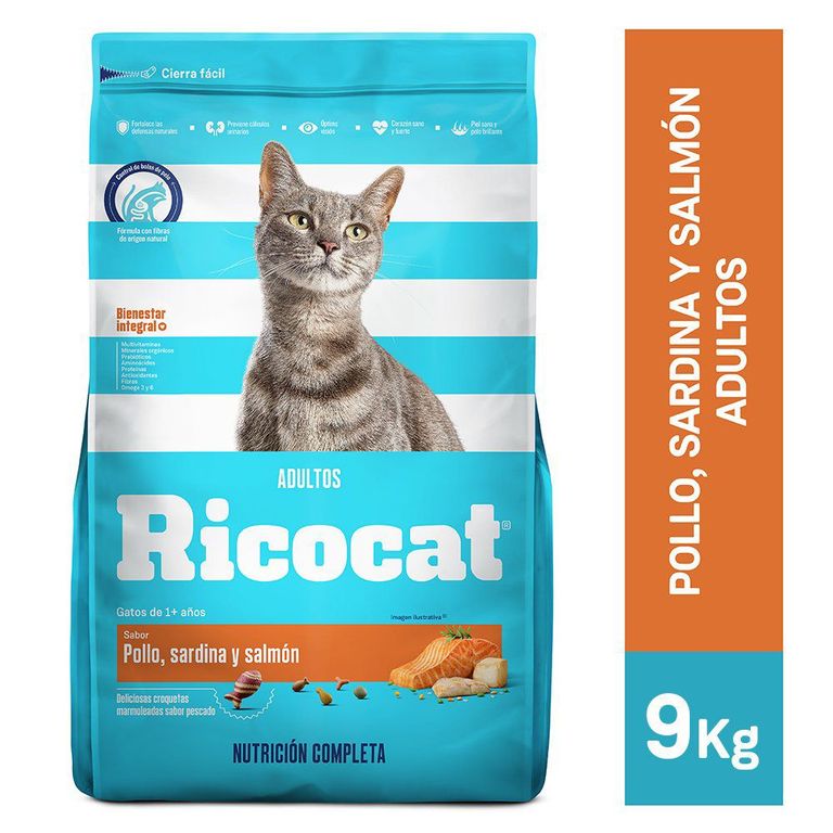 Alimento Seco Gatos Adultos Ricocat Pollo Sardina Salmón Bolsa 9 Kg