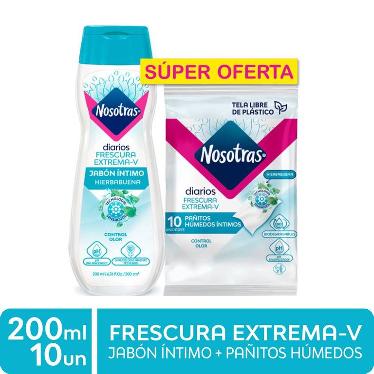 Pack Jabón Íntimo Frescura Extrema Nosotras 200 mL + Pañitos 10 Und