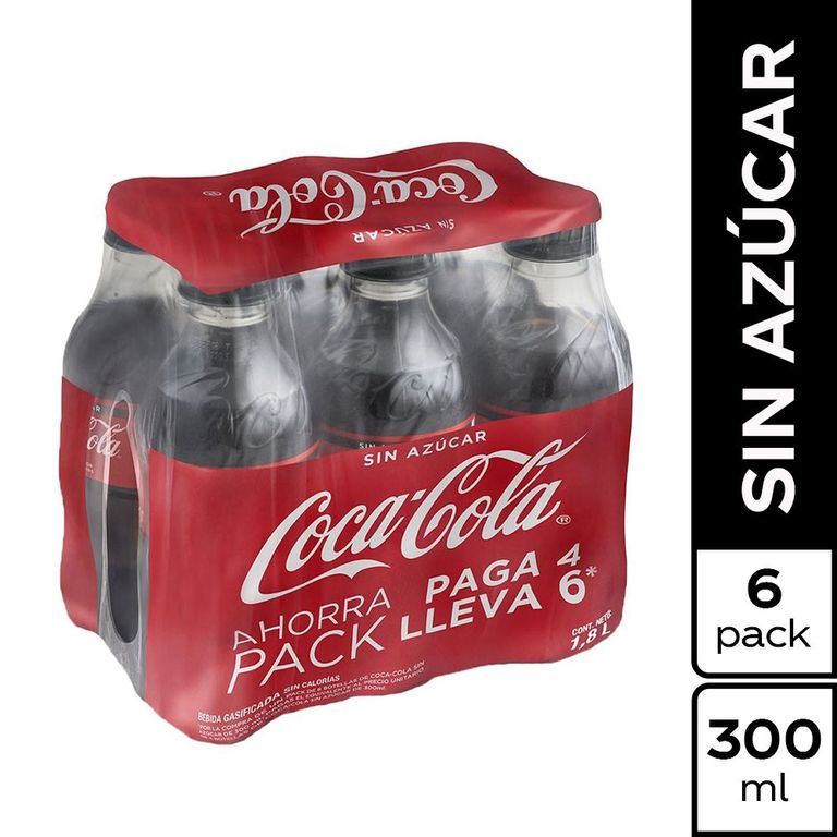 Gaseosa Coca Cola Sin Azúcar Sixpack Botella 300 mL