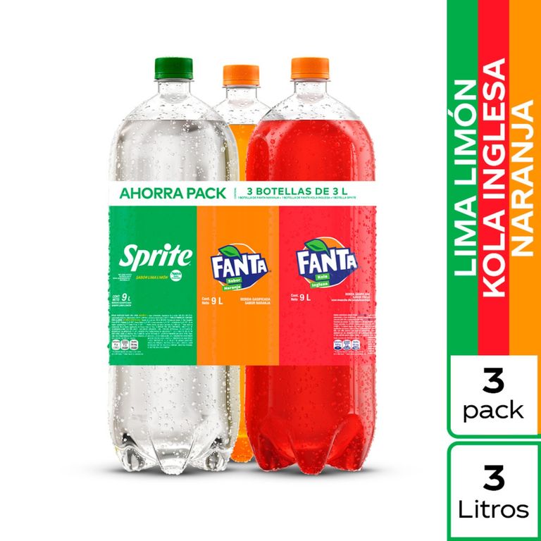 Gaseosa Fanta Naranja 3 L + Fanta Kola Inglesa 3 L + Sprite 3 L