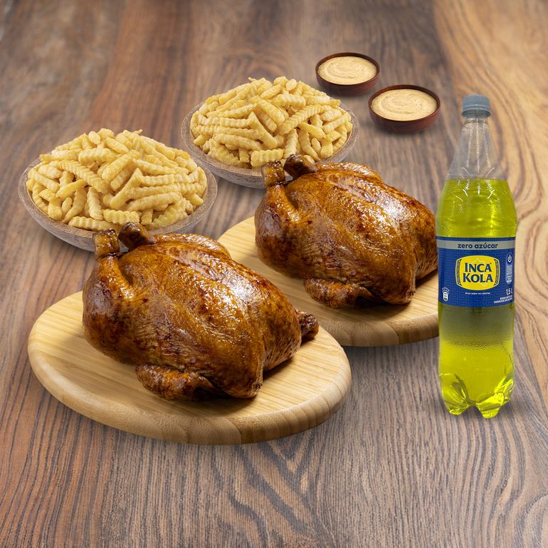 2 Pollos Rostizados + 2 Porciones De Papas + Inca Kola Sin Azúcar 1.5 L + 2 Ajíes