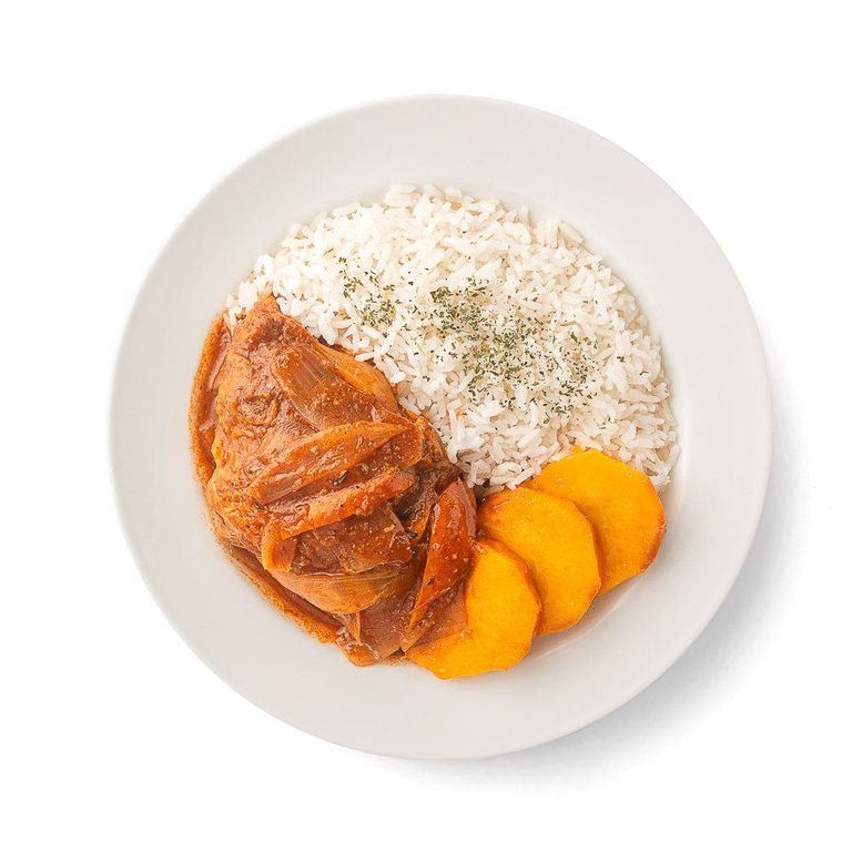 Pollito Escabechado a la Antigua con Camote Glaseado y Arroz