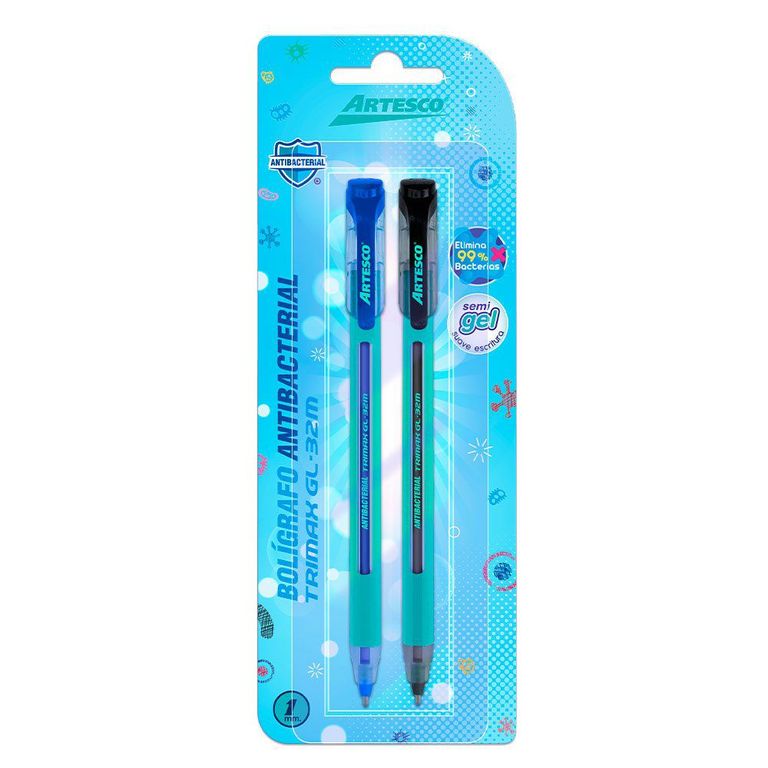 Lapicero Artesco Trimax Semi Gel Antibacterial Azul Negro Empaque 2 Und