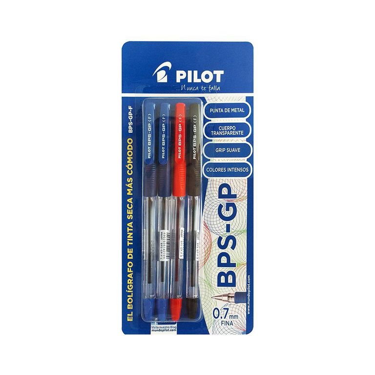 Lapicero Pilot Tinta Seca BPS GP 2 Azul + 1 Rojo + 1 Negro Empaque 4 Und