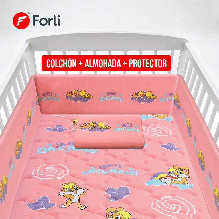 COLCHON CUNA LOONEY BABY ROSADO+PROT+ALM