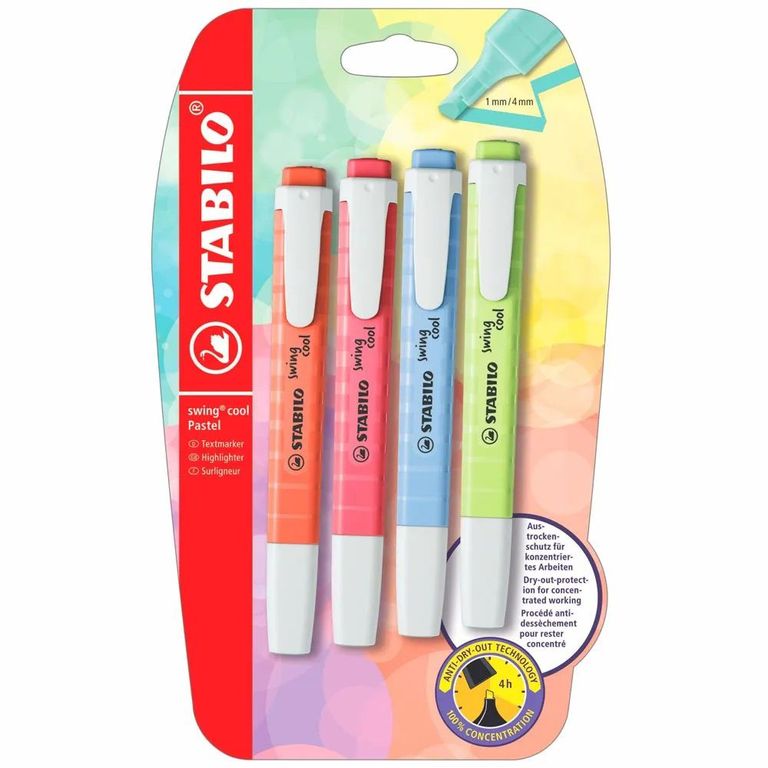 Plumón Resaltador Stabilo Colores Pasteles Empaque 4 Und