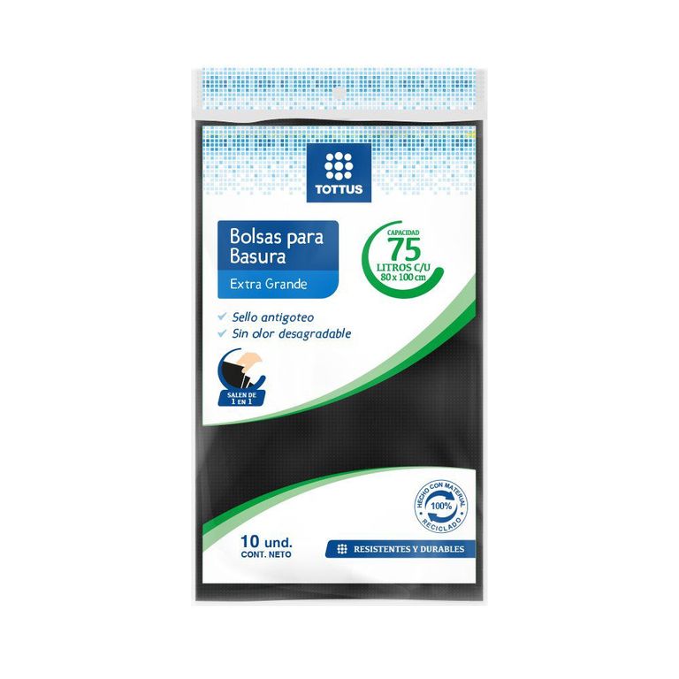 Bolsa de Basura Extra Grande Tottus 75 L Empaque 10 Und