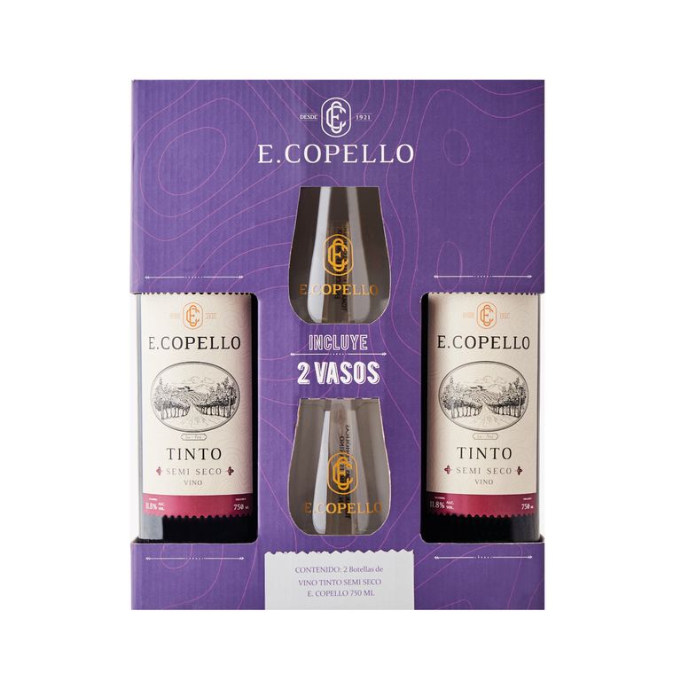 Vino Copello Tinto Semi Seco 2 Botellas 750 mL + 2 Vasos de Vidrio