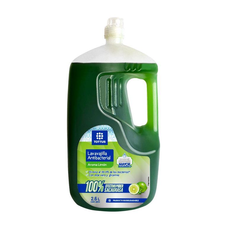 Lavavajilla Líquido Antibacterial Tottus Limón Envase 2.6 L
