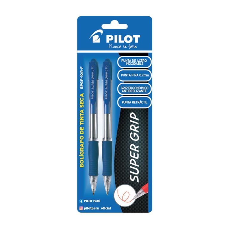 Lapicero Pilot Tinta Seca BPGP 10R F Súper Grip Azul Empaque 2 Und