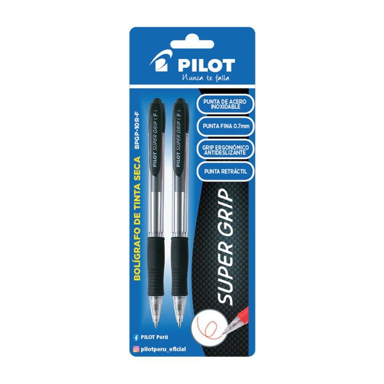 Lapicero Pilot Tinta Seca BPGP 10R F Súper Grip Negro Empaque 2 Und