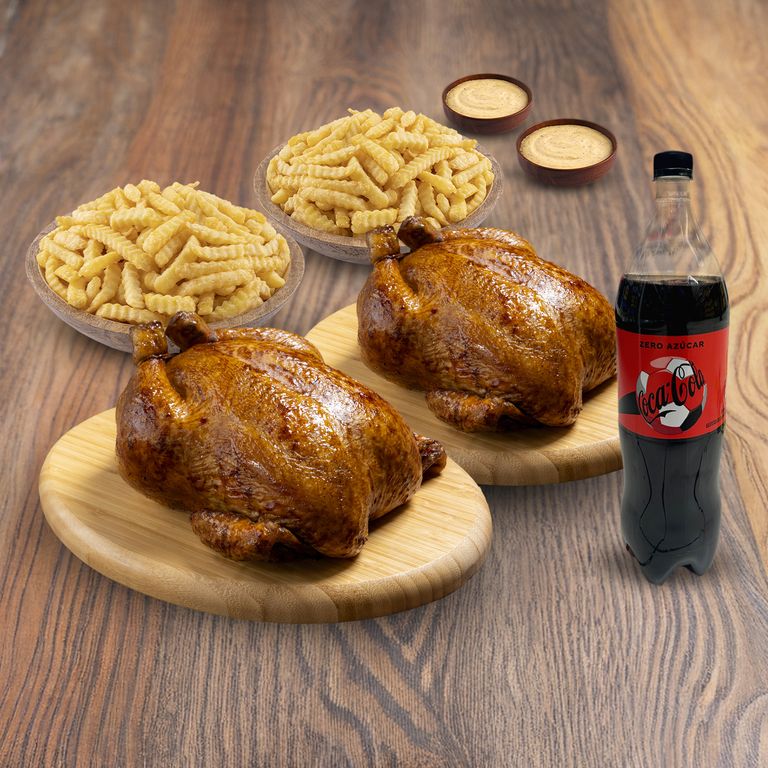 2 Pollos Rostizado + 2 Porciones De Papas + Coca Cola Sin Azúcar 1.5 L + 2 Ajíes