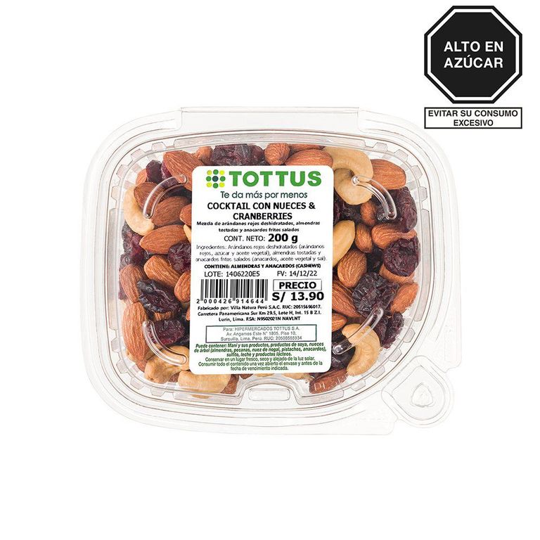 Cocktail Tottus Nueces y Cranberries Envase 200 g