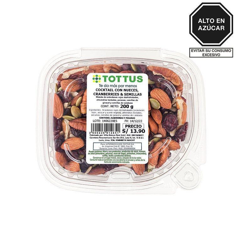 Cocktail Tottus Nueces Cranberries y Semillas Envase 200 g