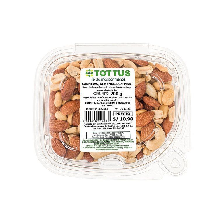 Mix Tottus Cashew Almendras y Maní Envase 200 g