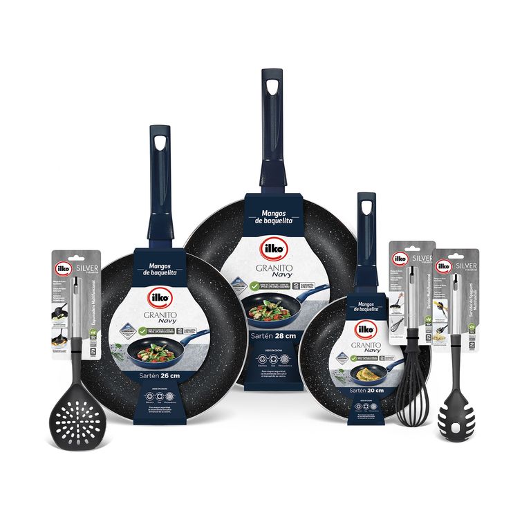 Pack Sartenes Granito Navy 20cm +26 cm +Wok 28cm +3 Utensilios Ilko