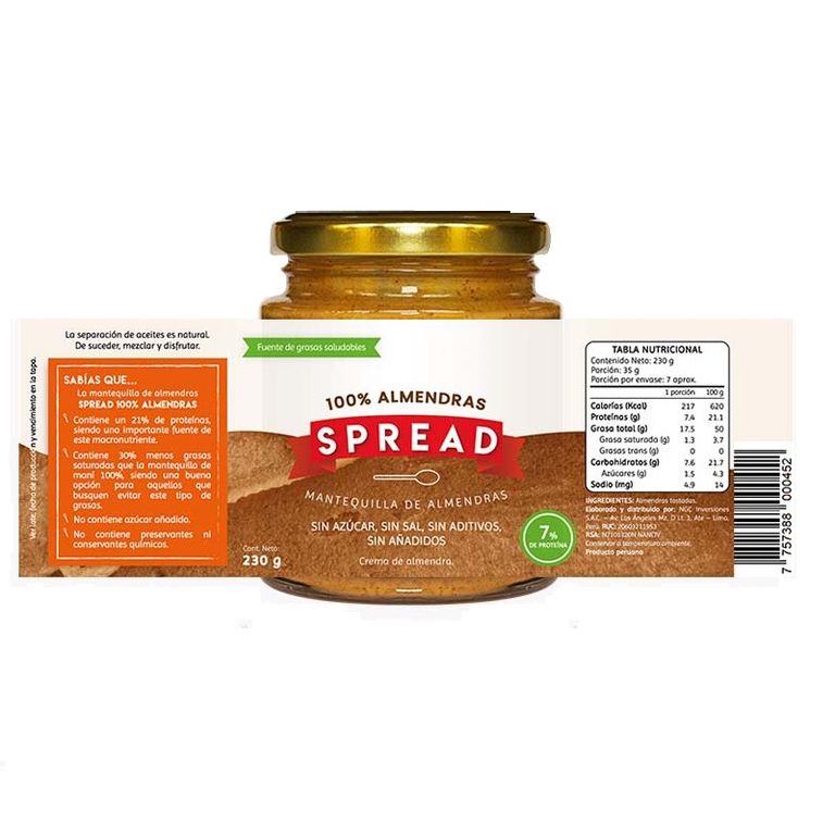 Mantequilla 100% Almendras Spread Envase 230 g