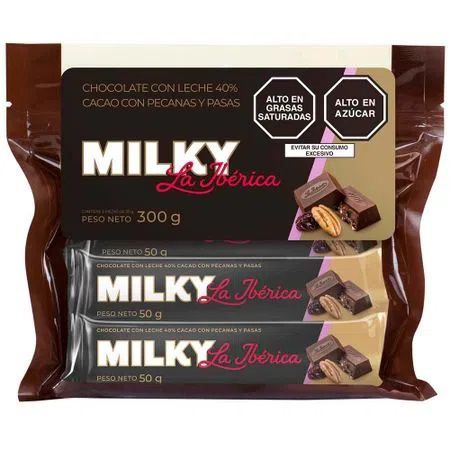 Chocolate La Ibérica Milky Pecanas y Pasas Empaque 50 g