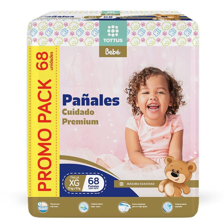 Pañales Cuidado Premium Tottus Bebé Talla XG Empaque 68 Und