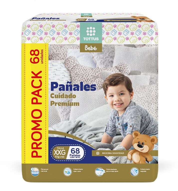 Pañales Cuidado Premium Tottus Bebé Talla XXG Empaque 68 Und