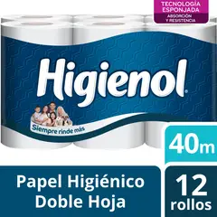 HIGIENOL - Papel Higiénico Doble Hoja Pack 12 Rollos 40m