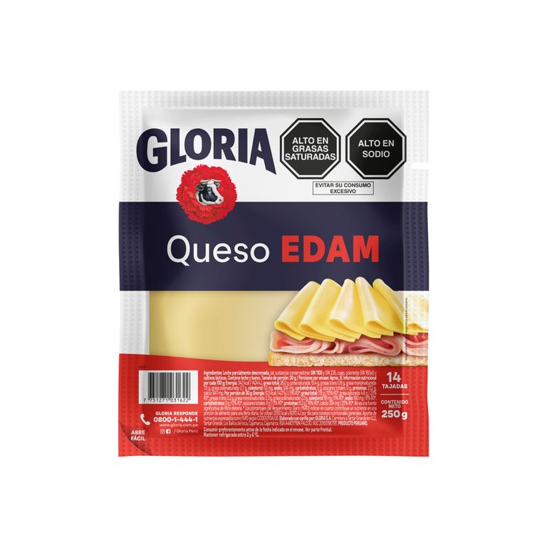 Queso Edam en Tajadas Gloria Empaque 250 g