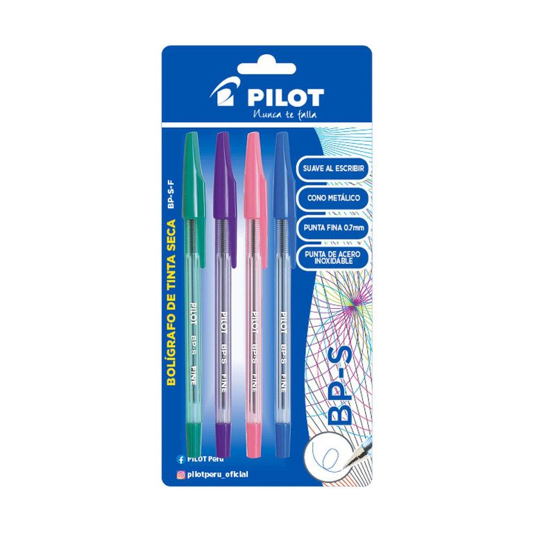 Lapicero Pilot Tinta Seca BPS F Verde Lila Rosado Azul Empaque 4 Und