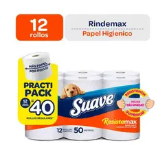 SUAVE - Papel Higiénico Resiste Max Doble Hoja 50m Empaque 12 Rollos